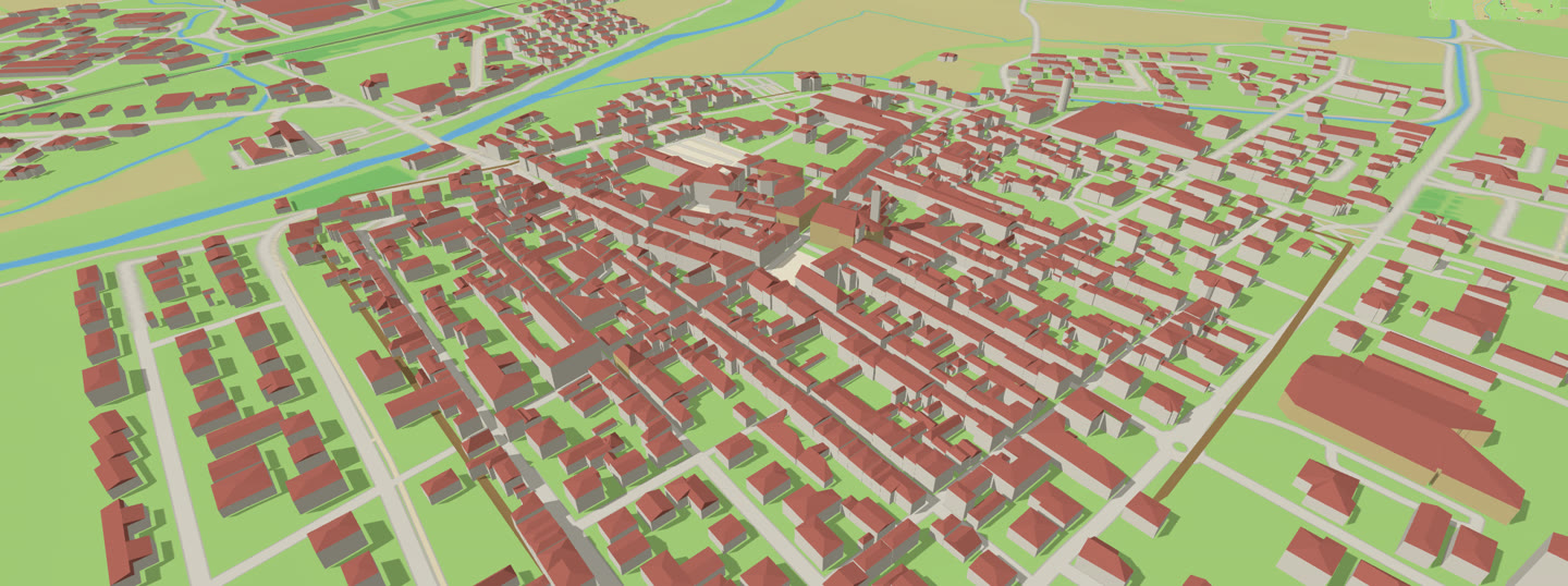 The prototype in 2026 from above the centre: the roofs from the survey, the streets from the map