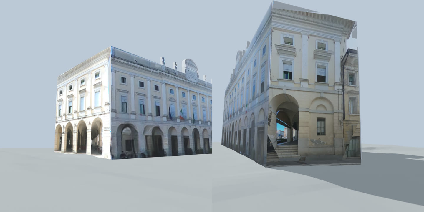 The front of the town hall with the wall's foot and top drawn at the camera's height: as built in red, 0.6 m lower in cyan, 0.6 m higher in green