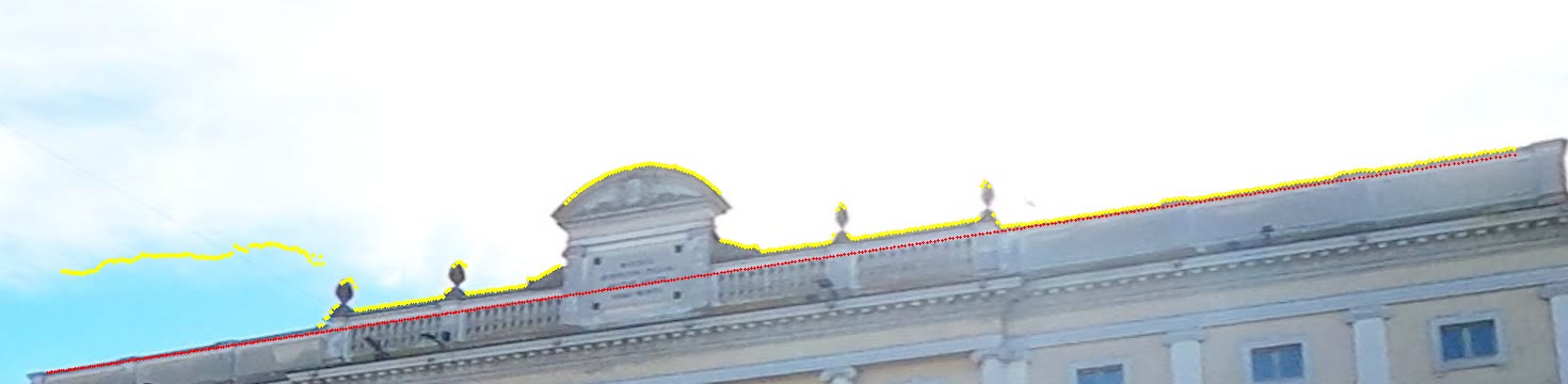 The roofline of the town hall with the skyline from the survey traced over it in yellow