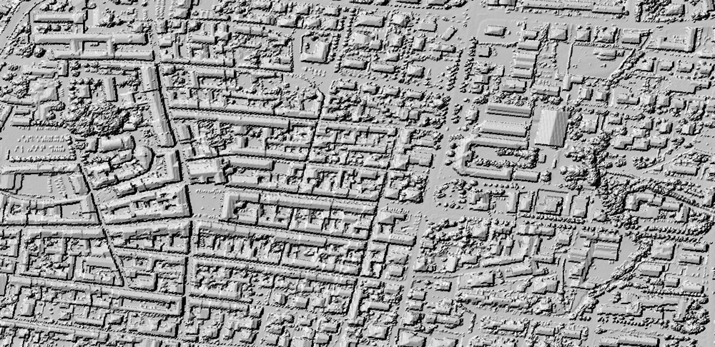 The laser surface of the centre of Asola, shaded: every roof, tree and street as the 2008 flight measured them