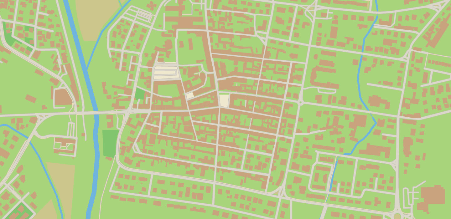 The centre of Asola drawn by the engine from OpenStreetMap's own lines: buildings, streets, water, areas
